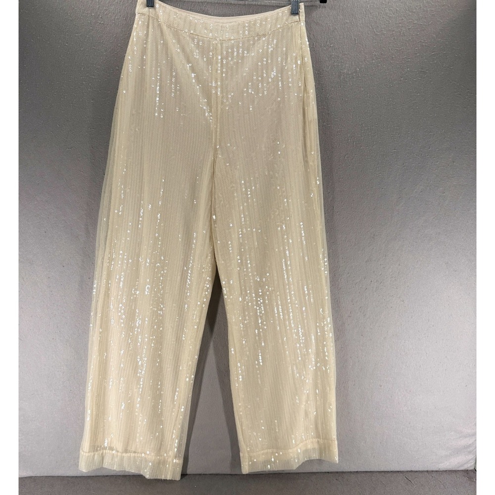 House of Harlow 1960 Pants Womens 6 Cream Wide Leg Sequin High Waist Revolve 70s